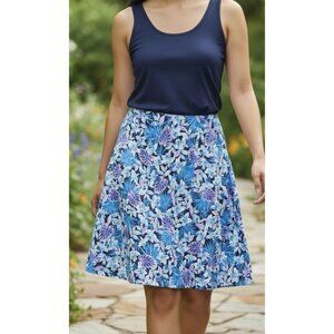 J Jill Tropical Floral Blue Purple Cotton Modal Knee Length Skirt Pockets S/M
